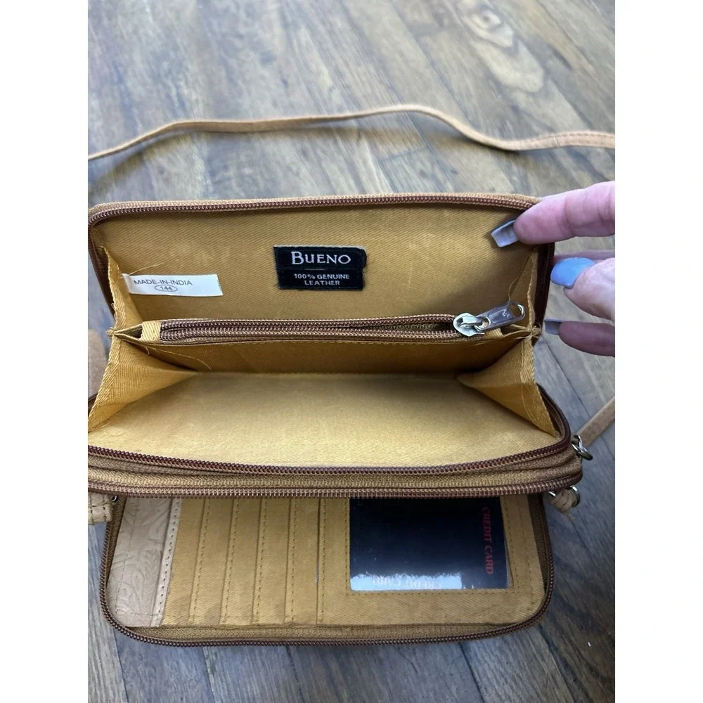 Bueno of California Embossed Floral Wallet on a String Crossbody Bag Tan